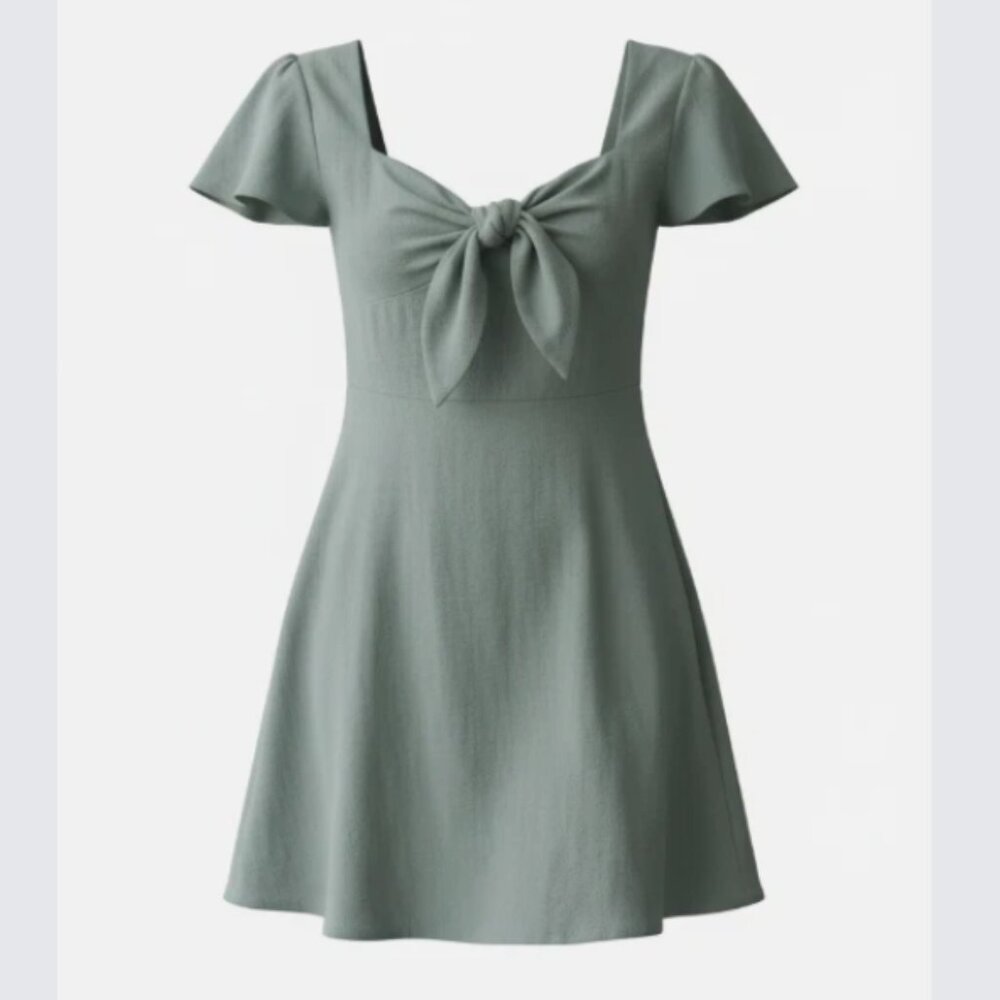 Beachsissi Olive Green Tie Front Mini Dress XL Linen Look Pockets Summer Flowy